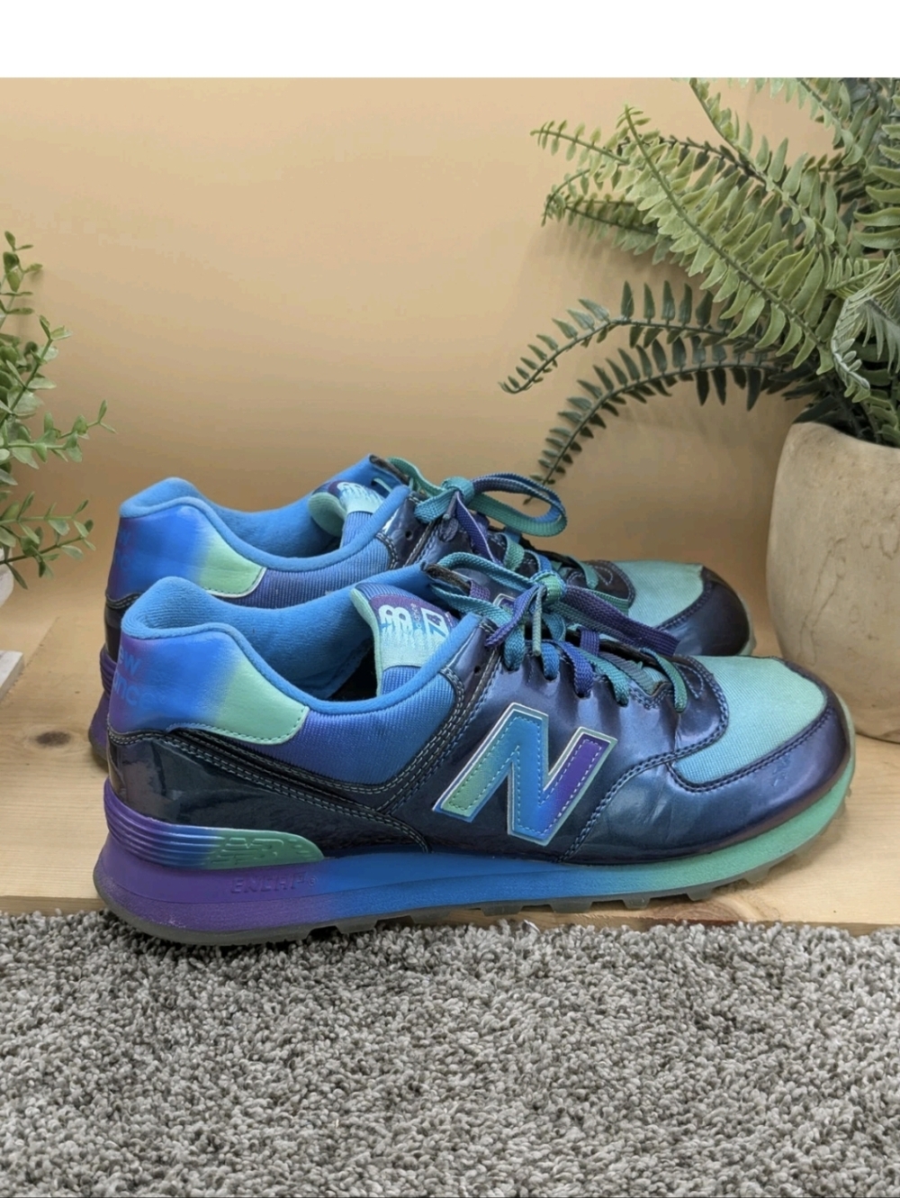 New Balance 574 Rainbow Pack Mens Size 12D Shiny Patent Leather Running Shoes